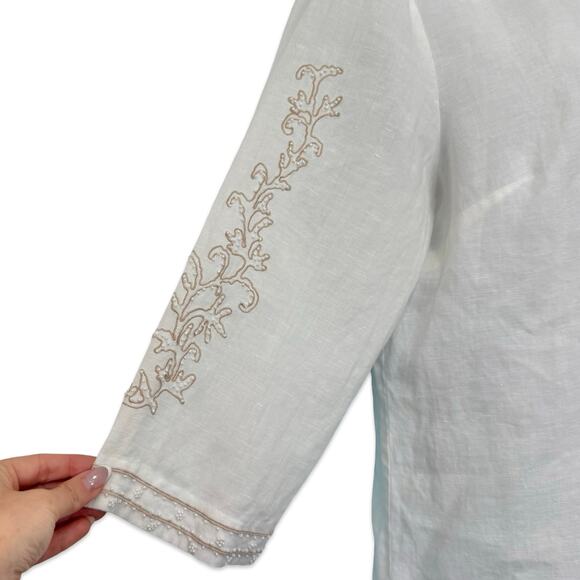 Vintage White Irish Linen Beaded Long Sleeve Button Up Blouse XL Richard Malcolm - Picture 9 of 9